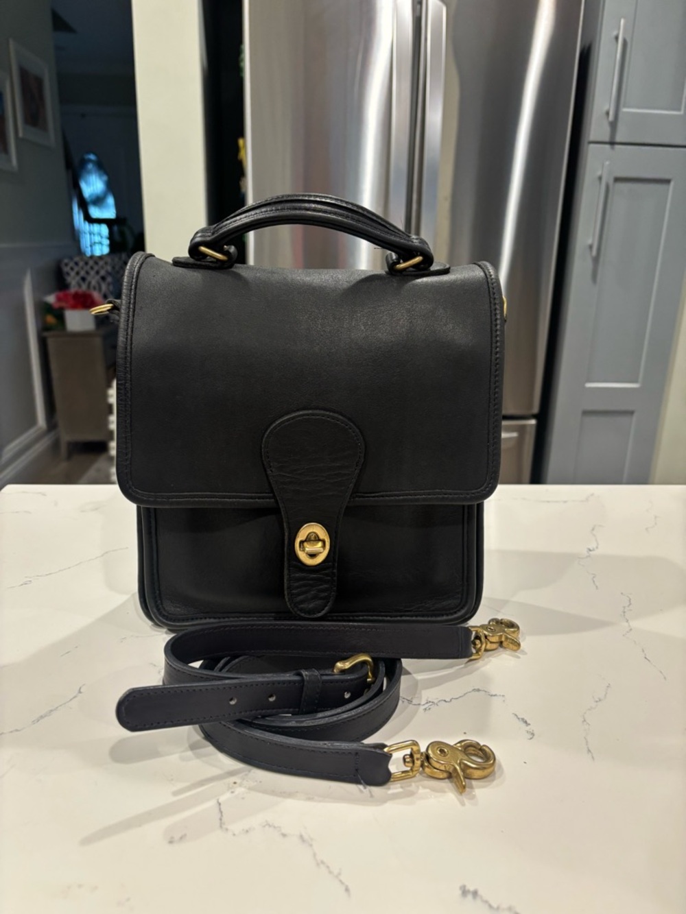 Coach Black Leather Top-Handle Shoulder Bag with Gold Hardware